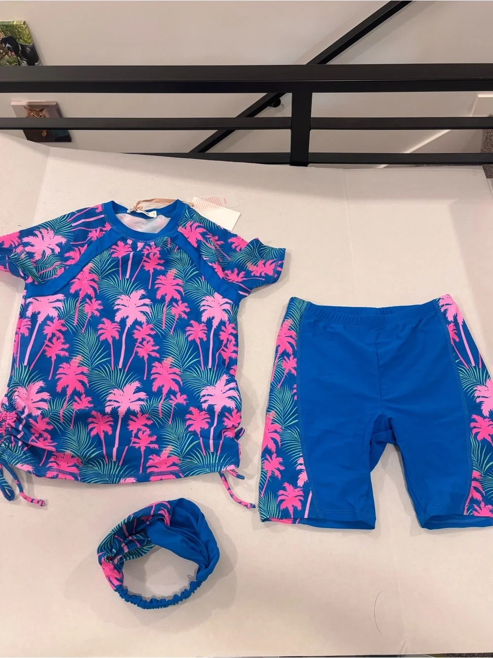 Grace Karin Girls Swimwear Set NWT Size 14Y blue pink tropical rashguard shorts